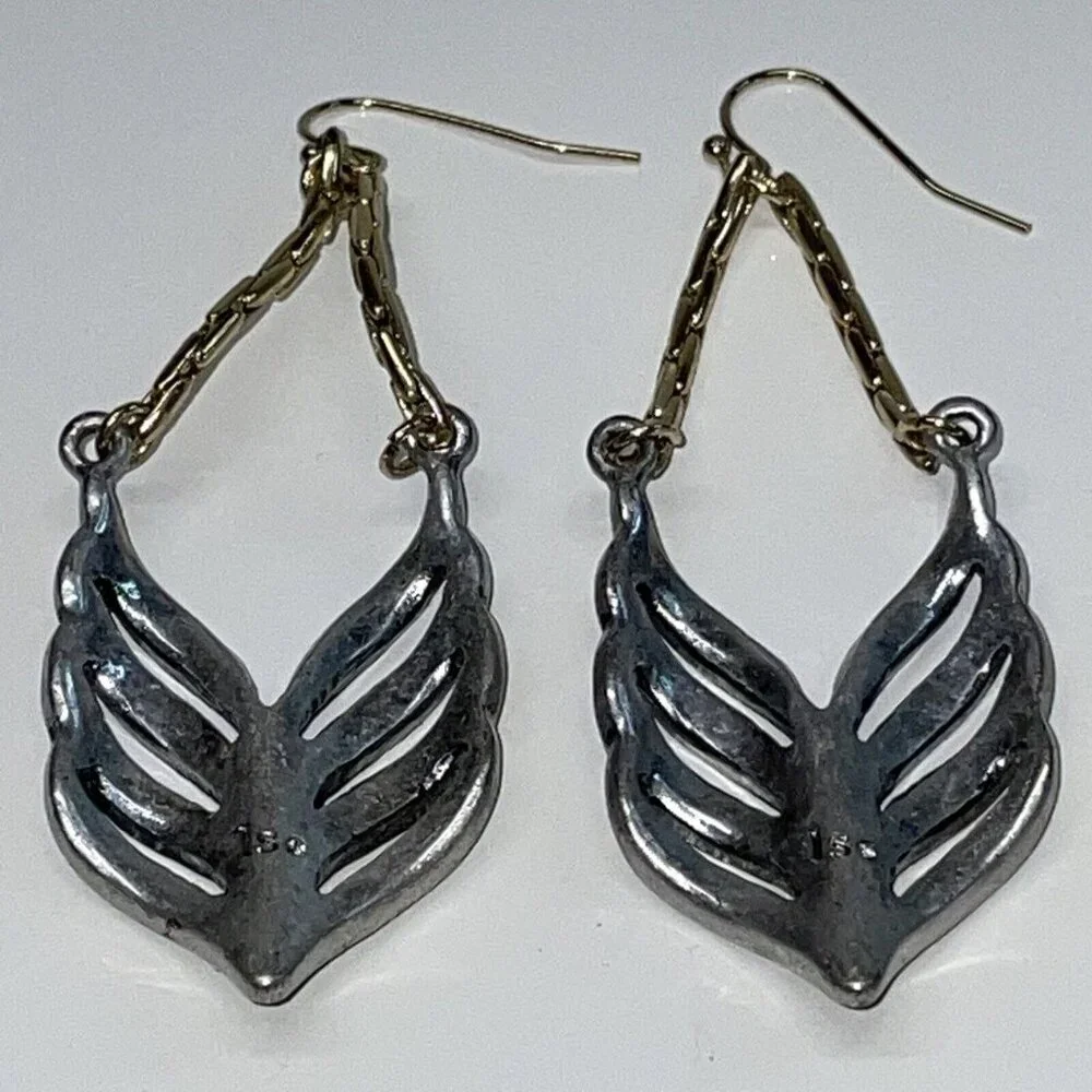 Feather Earrings Silver & Gold Tone Crystal Long Drop Statement Signed ls A246‎